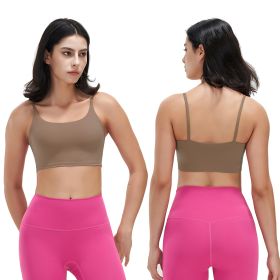 Women Strap Sport Bras Padded Strappy Crop Square Neck Low Impact Bras Sexy Fitness Tank Tops with Removable Pads Flat Straps for Gym Yoga Workout Run (Option: Brown_M)
