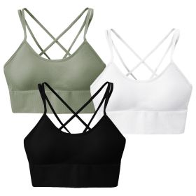 3Packs Women Cross Back Sport Bras Padded Strappy Medium Support Bras Sexy Fitness Tank Tops with Removable Pads for Gym Yoga Workout Running (Option: GN_BK_WH_S)